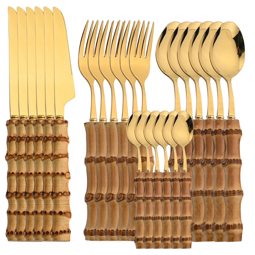 24Pcs Stainless Steel Flatware - Bamboo Cutlery recension och pris